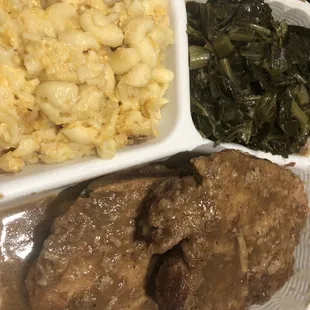 meat, macaroni and cheese and greens