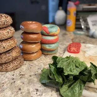 Everything, plain and rainbow bagel. About to make some homemade breakfast sandwiches!