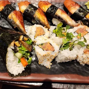 Crab hand roll, unagi, and spicy ahi roll