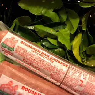 Sour meat sausages and kaffir lime leaves