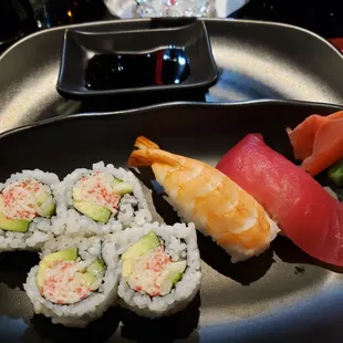 California Roll, tuna and shrimp Nigiri