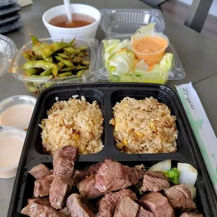 Steak Hibachi.  Spicy Garlic Edamame.