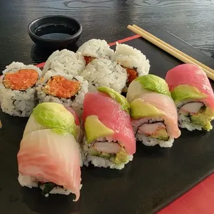 Rainbow Roll.  Crunchy Spicy Tuna Roll.