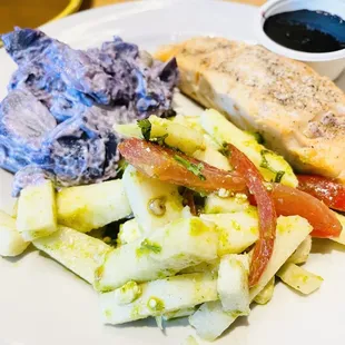 Salmon w/ Blueberry Glaze, Jicama Salad, and Purple Potato Salad