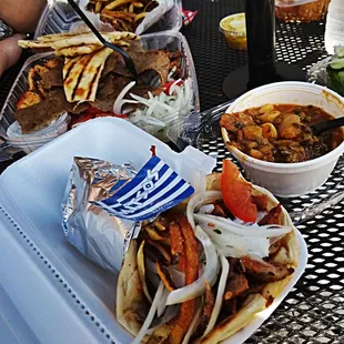 WOWED 3 Meat platter, Gyro Sandwich  Butter Beans n Fries, Greek Donuts