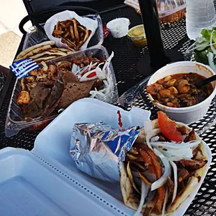WOWED 3 Meat platter, Gyro Sandwich  Butter Beans n Fries, Greek Donuts