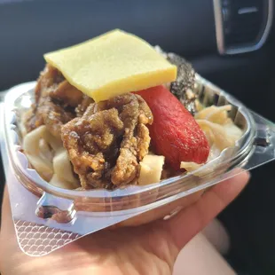 mini bento ($7) - noodles, sausage, your choice of chicken, and rice musubi