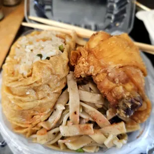 Lunch fr@Mistuba Delicatessen; 10/3/2024.My mini Bento, didn't eat da Fried Chicken,Was So Full! David ate only 1 Cone Sushi &amp; Red Hot Dog!