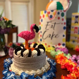 Oreo layer birthday cake from Mix Bakery in Merced, with gratuitous flamingo