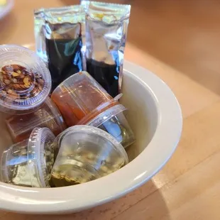 Individual chili sauce instead of the communal container.