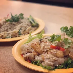 Wide rice noodles with basil &amp; chilies (veg version with tofu) and green curry fried rice (veg version with tofu)
