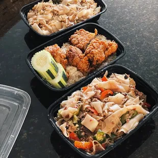 Top to bottom: 46. Kai Kua, 58. Crispy Chicken Over Rice, 49. Pad Kee Mow