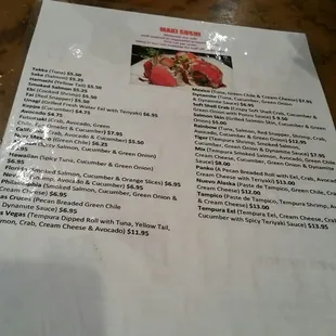 Laminated menu....