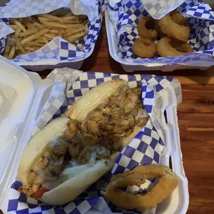 a hot dog and french fries