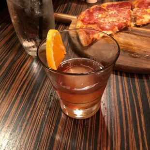 Old fashioned and pepperoni pizza