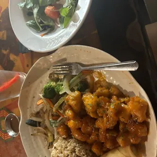 Sweet and sour chicken, with fried rice, vegetables, spring roll and a salad