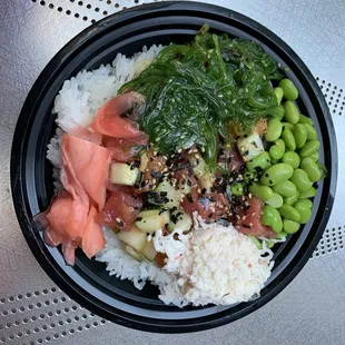 8/25/22 regular poke bowl with white rice, ahi, salmon, cucumber, sweet &amp; savory miso, pickled ginger, krab salad, seaweed salad, edamame