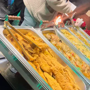 Fried fish, Baked Chicken, Rice Pilaf, Loaded Mash + Green Beans!
