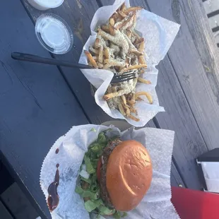 Italian fries and Mix&apos;D up burger.