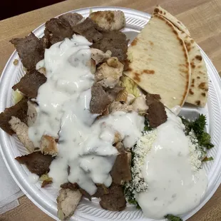 Mixed Plate (gyro &amp; chicken, rice, tabbouleh, tzatziki, feta, &amp; pita)