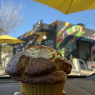 Outside of the cafe (lemon muffin)