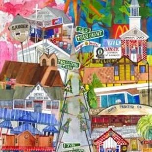 This is &quot;My Dad&apos;s Hometown&quot;, a watercolor/pen/collage painting of Sanger CA., showing 15 favorite locations in a whimsical way.