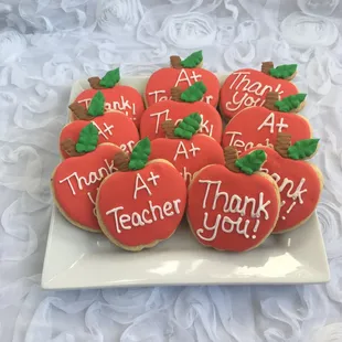 apple cookies with thank you written on them