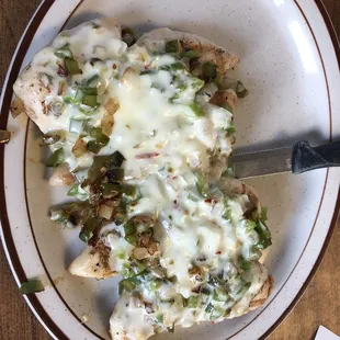 Pepper Jack Cheese Grilled Chicken with sautéed onions and green peppers