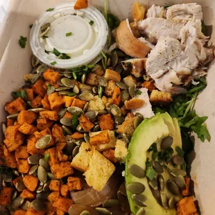 See all those lil orange bites? Hard, crunchy "roasted" sweet potatoes. Everything else was minimal and bland.