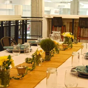 a long table with place settings
