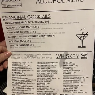 Cocktails and whiskey menu