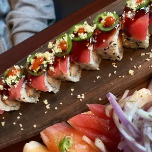 a close up of a sushi roll