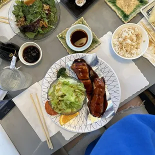 Albacore salad, yellow tail and tuna rolls &amp; teriyaki salmon plate!