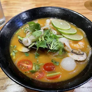 Spicy Seafood Tom Yum Soup with noodles