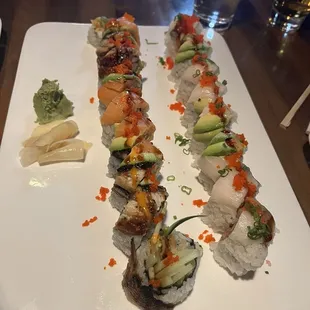 Snow Mountain Roll on the left, Angel Roll on the right. 8 pieces each.