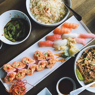 Shrimp &amp; chicken fried rice; spicy garlic edamame; special-made salmon based roll by head chef John (DELICIOUS); chicken pad thai.