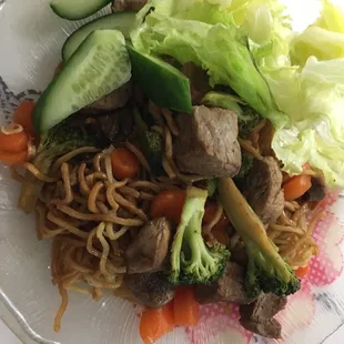 Beef yaki noodles I split with my mom. I added the lettuce. Voila a perfect meal!