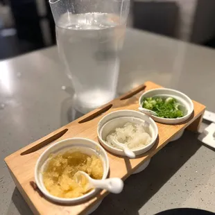 Garnishes: garlic, grated daikon, green onions