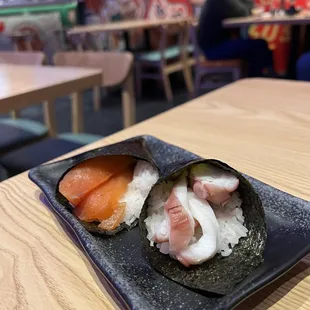 Smoked salmon hand roll and octopus handroll