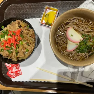 hot soba with small beef bowl