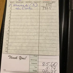 Better remember what you ordered and how much it cost because the bill is not itemized.