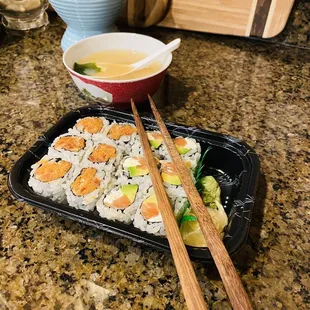 Miso soup (served in my vintage bowl from Japan) My fancy chop sticks, 6 spicy tuna Maki rolls, 6 Philly Maki rolls, wasabi, sliced ginger.