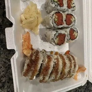 Sushi rolls-Spicy Tuna Roll and Shrimp Tempura Roll