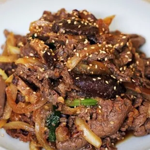 Bulgogi. Nice sized serving and came out steaming hot. Sweet like it should be; but not overly sweet. And also not drowning in sauce