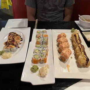 Volcano Roll, Cali rolls, crazy spicy roll, and I forgot the last one