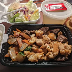 Sumo Man Entree (Lobster, Chicken, Steak). Comes with grilled veggies, salad, rice and miso soup and some dipping sauces.