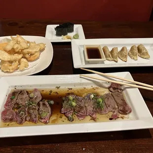 Delicious &amp; tender filet mignon carpaccio. Good Gyoza and tobiko. Ok Rock Shrimp Tempura.