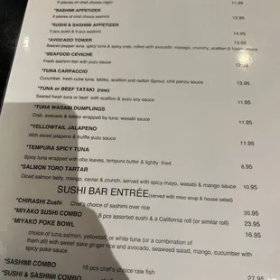Menu sushi appetizers