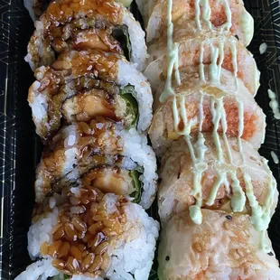 Shrimp tempura roll (left) and kawaii roll