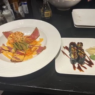 Avocado tower and eel/avocado roll without rice